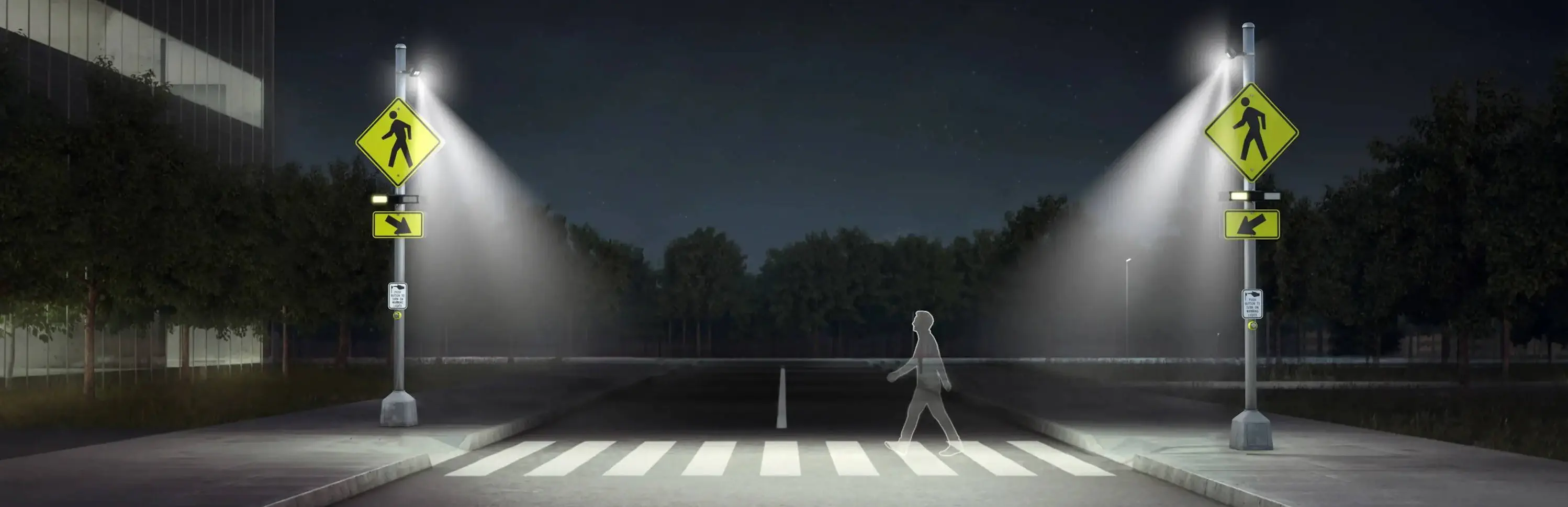 An image depicting a crosswalk at night. There are posts at both sides of the street with signs indicating "pedestrian" and spotlights illuminating the crosswalk.